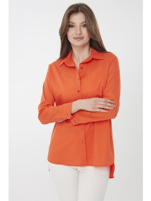 Desen Triko Kadın Koton Uzun Gömlek Turuncu
