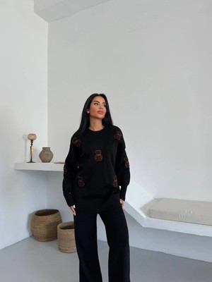 Siyah Ayıcık Desenli Oversize Triko Takım