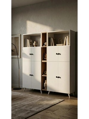 Miramob 8 Kapaklı ve 6 Bölmeli Kitaplık Geniş Duvar Ünitesi Saklama Dolabı Safir Meşe Beyaz