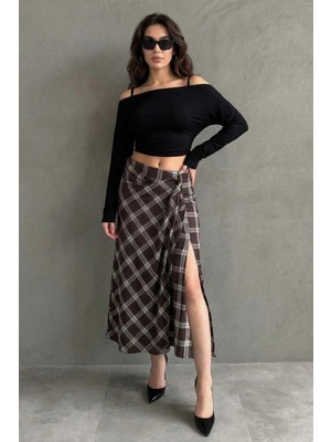 Madmext Kahverengi Ekose Desenli Yırtmaç Detaylı Kruvaze Midi Kadın Etek MG2690