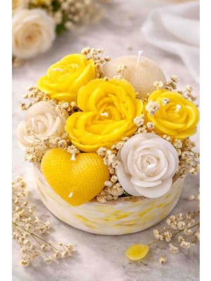 Bead Taş Saksı Içinde Sarı Beyaz Mumdan Çiçek Aranjmanı – Dekoratif Gül Mum & Kalp Mum Tasarım Hediyelik