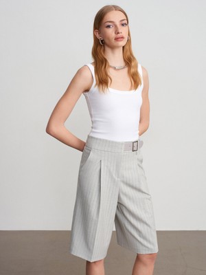 Dilvin 72637 Çizgili Kemerli Bermuda-Gri