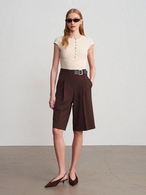 Dilvin 72275 Kemerli Geniş Paça Bermuda-Kahve