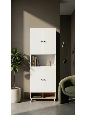 Miramob 4 Kapaklı ve 4 Açık Bölmeli Kitaplık Çok Amaçlı Ofis ve Saklama Dolabı Safir Meşe Beyaz