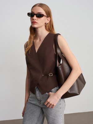 Dilvin 60611 Kruvaze Kemerli Yelek-Kahve