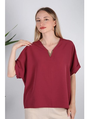 V Aksesuarlı Dokuma Bluz