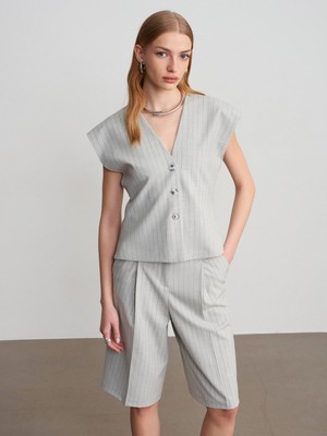 Dilvin 60607 Çizgili Yelek-Gri