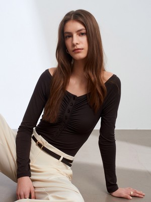 Dilvin 32661 Düğme Detaylı Bodysuit-Koyu Kahve