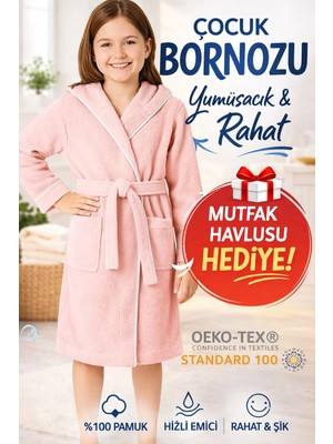 Layvera Çocuk Bornoz Pembe 5-6 Yaş | %100 Pamuklu-Pembe-Yumuşak Doku-Kapüşonlu-Cepli-Biyeli