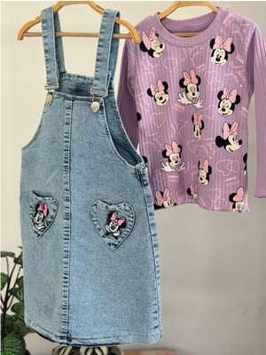 Lillypicca Kız Çocuk Baskılı Fitilli Badi ve Nakışlı Kot Salopet Takım