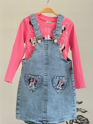 Lillypicca Kız Çocuk Baskılı Fitilli Badi ve Nakışlı Kot Salopet Takım