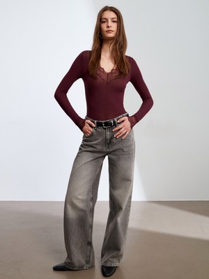 Dilvin 32311 Dantelli Kaşmir Bluz-K.mürdüm