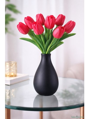 Yapay Çiçek Sitesi Yapay Gerçek Görünümlü 8li Islak Lale Demeti Kırmızı