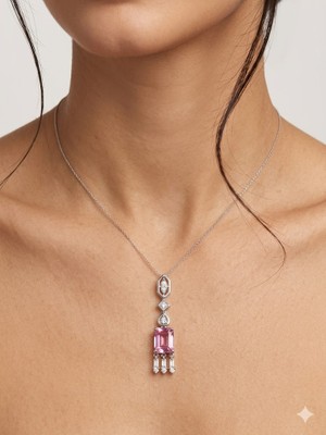 Alsem Pembe Baget Taşlı Vintage Tasarım Gümüş Kaplama Sallantılı Kolye , Kadın Abiye Kolye