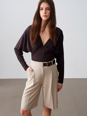 Dilvin 72637 Çizgili Kemerli Bermuda-Bej