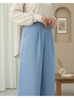 Modamorfo Yarım Lastikli Çift Cepli Bol Paça Kot Pantolon -Açık Mavi