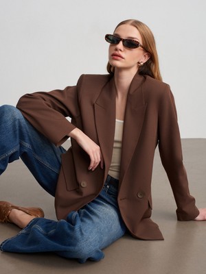 Dilvin 60791 Kruvaze Oversize Blazer-Kahve