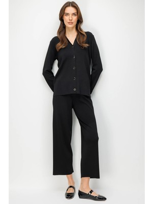 Desen Triko Kadın Ince Triko Pantolon Siyah