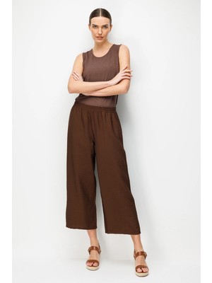 Desen Triko Kadın Beli Lastikli Cepli Pantolon Kahve