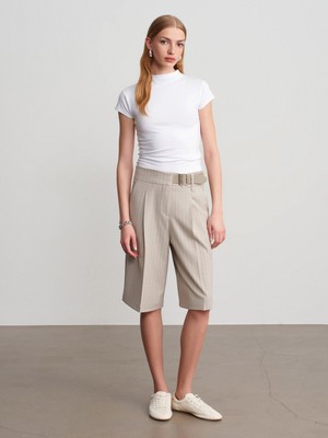 Dilvin 72637 Çizgili Kemerli Bermuda-Taş