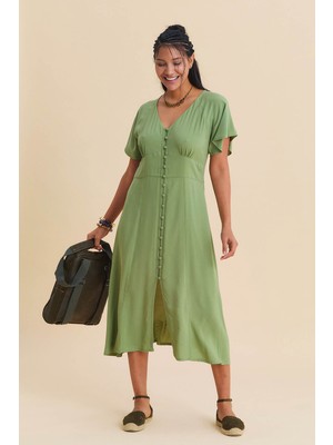 Los Banditos Yarasa Kollu Düğmeli V Yaka Bohem Elbise