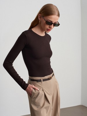 Dilvin 32695 Uzun Kollu Bodysuit-Koyu Kahve