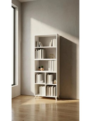 Miramob 7 Bölmeli Modern Kitaplık Çok Amaçlı Ofis Dosya ve Dekoratif Sergileme Rafı Beyaz