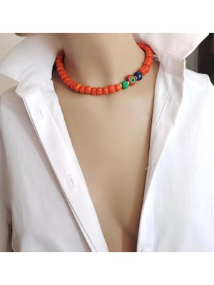 Sinem Şanlı Atelier Turuncu Cam Kabak Boncuk Nazar Detaylı Choker Kolye
