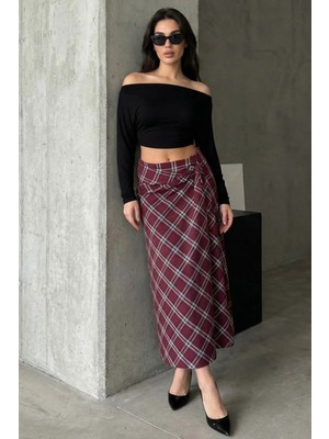 Madmext Bordo Ekose Desenli Yırtmaç Detaylı Kruvaze Midi Kadın Etek MG2690