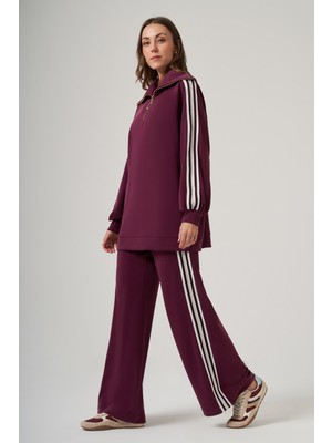 Nuss Şerit Detay Tunik Pantolon Takım 1093 Mürdüm