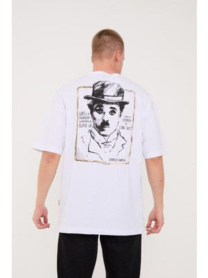 Lovely Store Charlie Chaplin Siyah-Beyaz Nakışlı Unisex T-Shirt