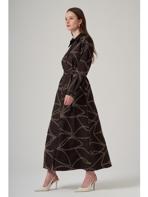 Nuss Önü Düğmeli Pul Detay Kuşaklı Elbise 2044 Kahverengi