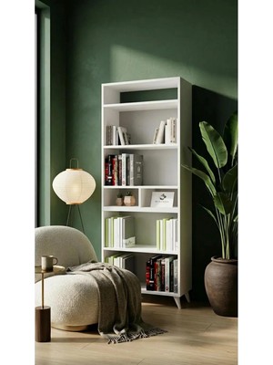Miramob 9 Bölmeli Modern Kitaplık Çok Amaçlı Ofis Dosya ve Dekoratif Sergileme Rafı Safir Meşe Beyaz
