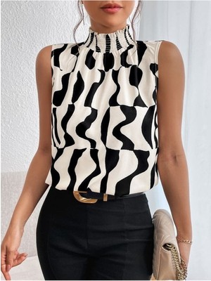 Stelol Kadın Kolsuz Balıkçı Yaka Desenli Süprem Bluz