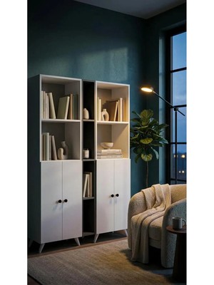 Miramob 4 Kapaklı ve 10 Bölmeli Kitaplık Duvar Ünitesi Çok Amaçlı Saklama Dolabı Antrasit Beyaz