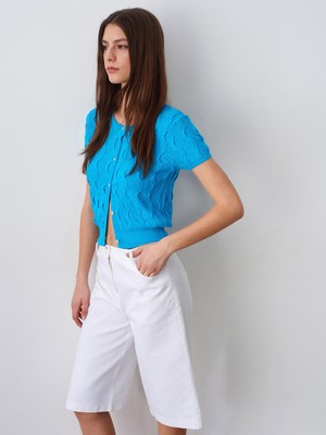 Dilvin 60980 Bisiklet Yaka Dokulu Triko Hırka-Turkuaz