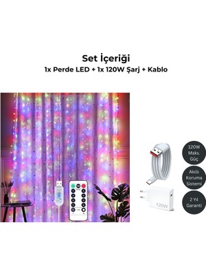Yeco Dekoratif Perde LED ve 120W Hızlı Şarj Seti, Kumandalı 3X3M 300 Led, Kablo Dahil