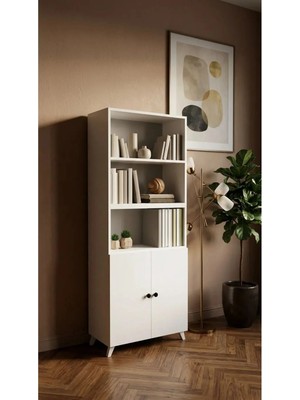 Miramob 2 Kapaklı 3 Açık Raflı Kitaplık Çok Amaçlı Ofis ve Ev Düzenleyici Saklama Dolabı Beyaz