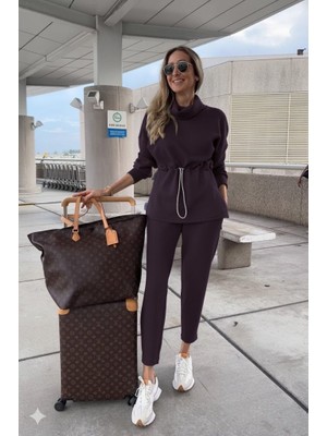 Bizcomoda Kadın Uzun Kollu Balıkçı Yaka Belden Lastikli Modal Bluz ve Pantolon Ikili Takım