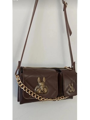 Matruşka Deri Sanat Tasarım Kahverengi kapitone Kol Çantası (Sincap Aksesuarlı)