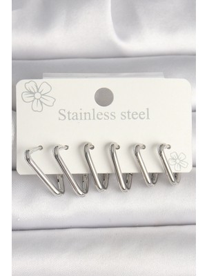 Aesco Mey Ithalat® 316L Çelik Gümüş Renk Üçgen Model Kadın Küpe Seti