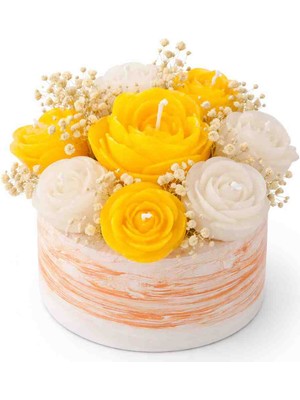 Bead Taş Saksı Turuncu & Beyaz Gül Çiçek Mum Aranjmanı – Dekoratif El Yapımı Masa Üstü Mum