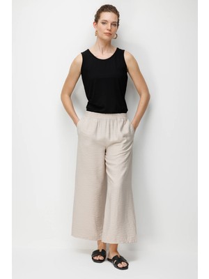 Desen Triko Kadın Beli Lastikli Cepli Pantolon Bej