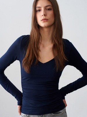 Dilvin 32780 V Yaka Büzgülü Top-K.lacivert