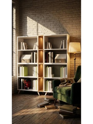 Miramob 12 Bölmeli Kitaplık Geniş Duvar Ünitesi Çok Amaçlı Ofis ve Dekoratif Raf Safir Meşe Beyaz