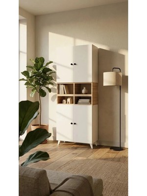 Miramob 4 Kapaklı ve 4 Bölmeli Kitaplık Çok Amaçlı Ofis Dosya ve Saklama Dolabı Safir Meşe Beyaz