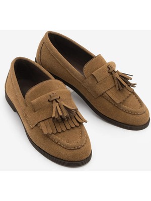 Marjin Kadın Loafer Püsküllü Günlük Ayakkabı Petlin Taba Süet