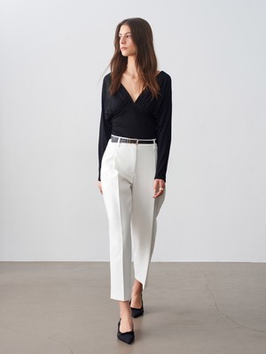 Dilvin 72638 Kemerli Pensli Pantolon-Beyaz