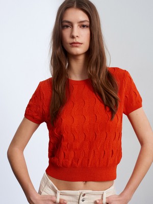 Dilvin 10788 Bisiklet Yaka Dokulu Triko Bluz-Oranj