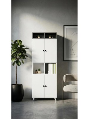 Miramob 4 Kapaklı ve 4 Açık Bölmeli Kitaplık Çok Amaçlı Ofis Dosya ve Saklama Dolabı Antrasit Beyaz